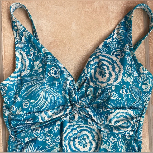 Lands End 1pc Swimsuit Women 4 Blue White Floral Twist Pad Bra Draped Tropical - Picture 2 of 7